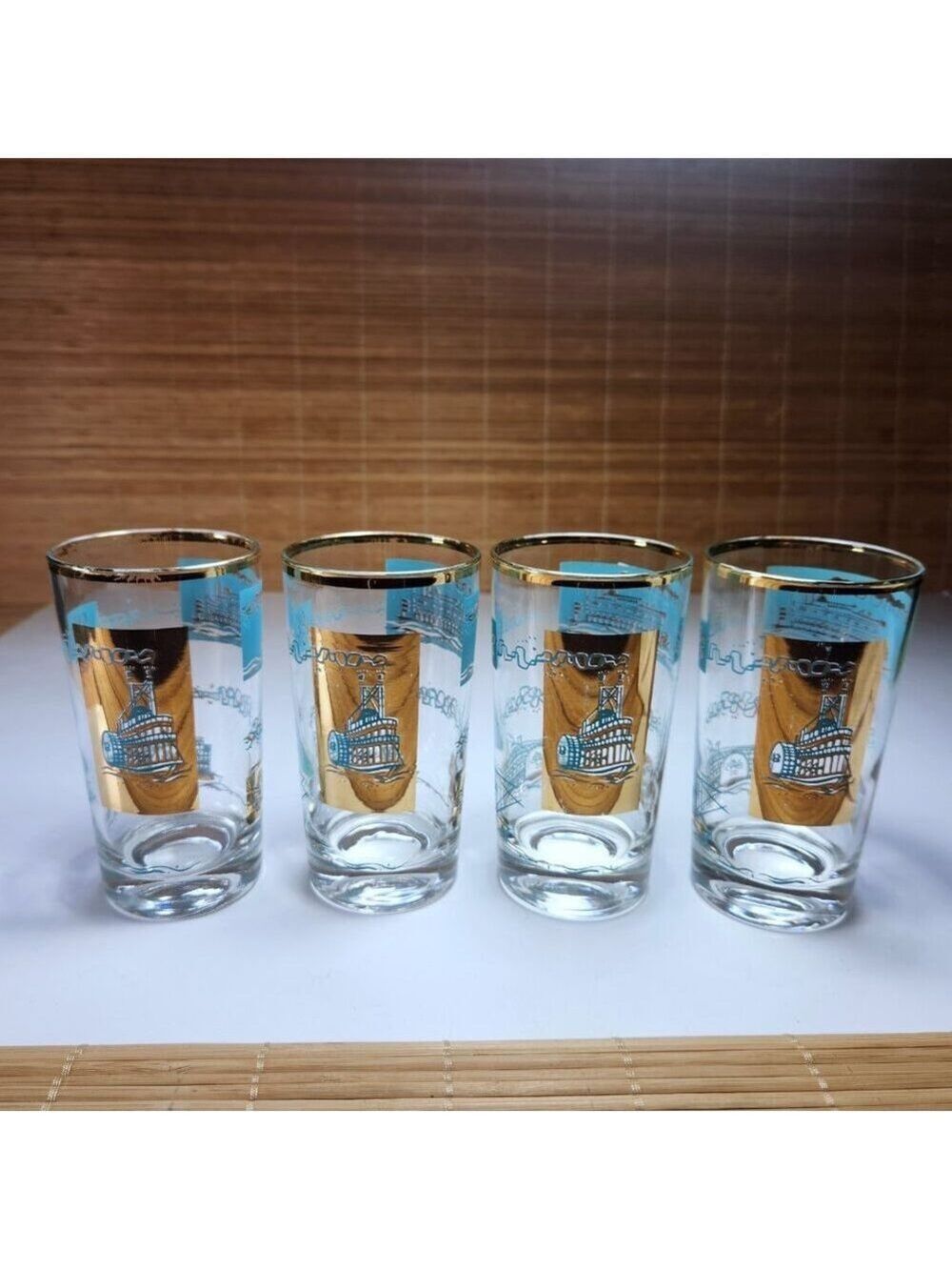 Vintage Southern Comfort Steamboat Glasses Set of 4 MCM Gold Turquoise